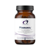 Migranol™ supplement bottle with dark cap; amber bottle with veggie capsules visible.