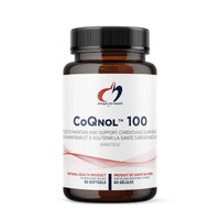 CoQnol™ 100 softgel supplement bottle, dark cap and amber label, 60 softgels