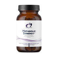 Metabolic Synergy supplement bottle, black cap, amber glass, front label