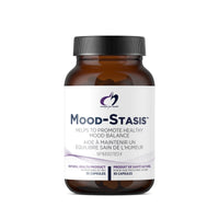 Mood-Stasis supplement bottle with black cap and amber container, front label visible