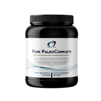 Pure PaleoComplete supplement jar, chocolate flavor, black cap