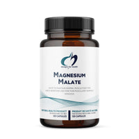 Magnesium malate supplement bottle with black cap and white label, 120 capsules.