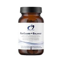 Vegetarian supplement bottle with black cap and FemGuard+Balance label