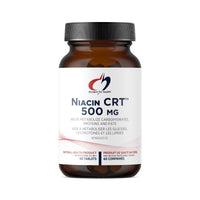Niacin CRT 500 mg supplement bottle with 60 tablets, amber glass and black cap
