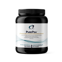Pea protein powder jar with black lid and blue label.