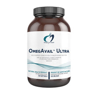 OmegAvail Ultra softgel supplement bottle, dark amber with black cap