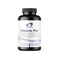 Prenatal supplement bottle with black cap, white label, blue logo and text