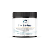 C+BioFizz supplement powder tub with black ribbed lid and label