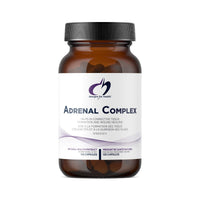 Designs for Health supplement bottle, amber glass with black cap and Adrenal Complex label