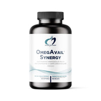 OmegaAvail Synergy softgel bottle with black cap and white label