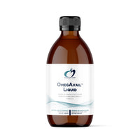 OmegAvail liquid supplement bottle with black cap, amber glass, front label