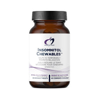Insomnitol Chewables supplement bottle, dark amber jar with black cap and front label