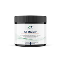 GI-Revive supplement jar with black ribbed lid and front label, 225g powder