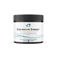 Electrolyte Synergy supplement tub with black ribbed lid, 240 g front label