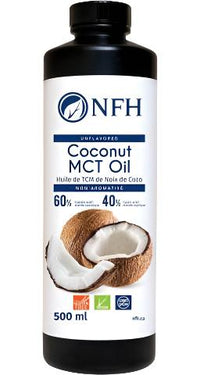 NFH Coconut MCT Oil bottle, 500 ml, black cap, label with coconut and MCT text