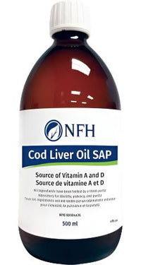 Cod liver oil SAP supplement bottle, amber with white NFH label, 500 ml