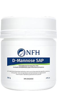 Supplement jar with blue NFH D-Mannose SAP label, 50 g, white plastic container