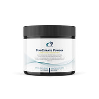 MagCitrate powder supplement jar, black lid, white label, 240 g