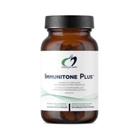 Health supplement bottle, dark amber glass, black cap, Immunitone Plus label