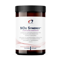 Designs for Health NOx Synergy supplement jar, black lid, red-and-white label
