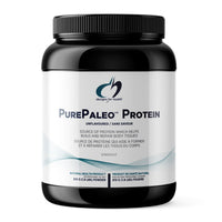 Protein powder tub, PurePaleo unflavoured label, black and white container