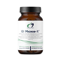 GI Microb-X™ supplement bottle, black cap, front label on amber container