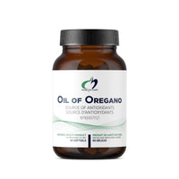 Oil of Oregano supplement bottle, brown with black cap and front label