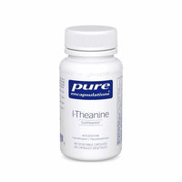 L-Theanine supplement bottle with label, 60 veggie caps, white jar