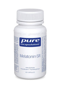 Melatonin-SR capsules bottle with white cap and blue label, 60 capsules