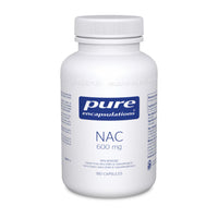 Supplement bottle with white cap labeled pure encapsulations NAC 600 mg, 180 veggie caps
