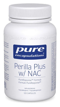 Nutritional supplement bottle, white cap, blue label reading Perilla Plus with NAC