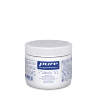 Probiotic 123 powder supplement jar with white screw-top lid, label on front