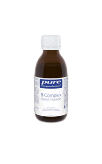 B-Complex liquid supplement bottle with white cap, brown bottle and front label