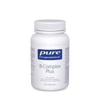 B-Complex supplement bottle with blue label, white cap, 120 capsules.