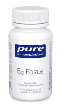 Supplement bottle with white cap, blue Pure Encapsulations label reading B12 Folate
