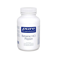 White supplement bottle with Pure Encapsulations label, Betaine HCl Pepsin, 250 veggie caps