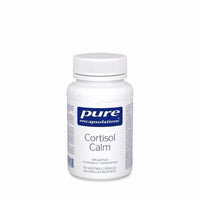 Dietary supplement bottle with white cap and blue pure encapsulations Cortisol Calm label
