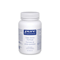 Pure Encapsulations daily stress supplement bottle, white cap, 90 capsules label