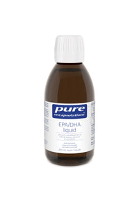 EPA/DHA liquid supplement bottle, dark amber glass with white screw cap