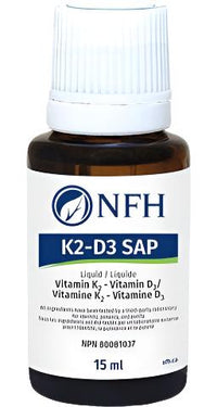 NFH K2-D3 SAP 15 ml supplement bottle with label and blue text