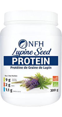 NFH lupine seed protein 300 g jar, blue label with purple flowers and leaf graphic.