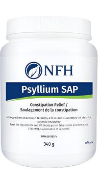 Psyllium SAP supplement jar with NFH label, blue front panel, 340 g
