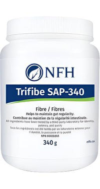 NFH Trifibe SAP-340 fiber supplement jar, white with blue and green label