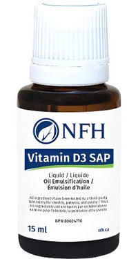 NFH Vitamin D3 SAP liquid supplement bottle, 15 ml, dark amber glass and white cap