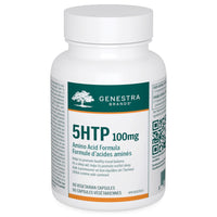 5HTP 100mg supplement bottle with teal label, vegetarian capsules, white plastic container