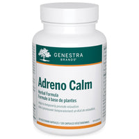 Genestra Adreno Calm herbal supplement bottle, white cap and label for vegetarian capsules