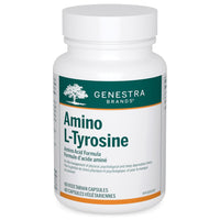 Supplement bottle with green label, Amino L-Tyrosine and 60 vegetarian capsules by Genestra