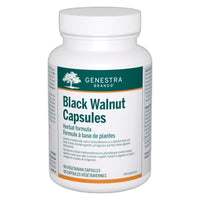 Genestra Black Walnut veggie capsules bottle, white plastic jar with label