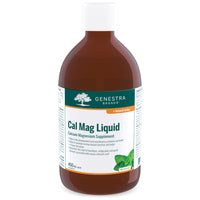 Cal Mag Liquid supplement bottle, brown amber bottle with white cap and label