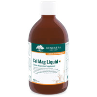 Genestra Cal Mag Liquid+ supplement bottle, amber liquid with white cap, 450 mL